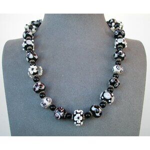 Handcrafted Black & White Artisan Glass Bead Jewelry Set Necklace & Earrings & B